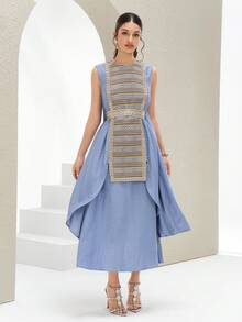 Al Najma Women's Fashionable & Elegant Sleeveless Arabic Style Dress - Blue - View 5