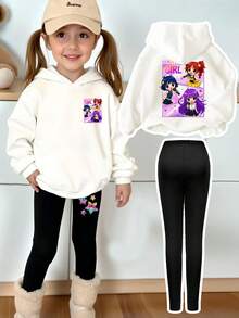 Styles confortables d'automne et d'hiver, ensemble de sweat à capuche et leggings avec imprimé graphique de slogan de groupe de filles virtuelles, mode décontractée créative et personnalisée pour jeunes filles, tenue confortable - Multicolore - Voir 1
