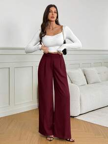 SHEIN Tall Casual Versatile Solid Color High Waisted Wide Leg Pants,Tall Casual Autumn And Winter Style - Burgundy - View 6