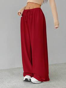 SHEIN Tall Soft White Knitted Home Baggy Pants, Loose Pant Wide Pants Elastic Waist Pants - Burgundy - View 5
