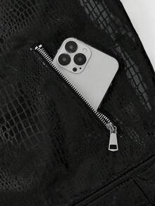 ROMWE MEN Street Life Chaqueta casual de ajuste holgado con cremallera y unicolor para hombre - Negro - Ver 5