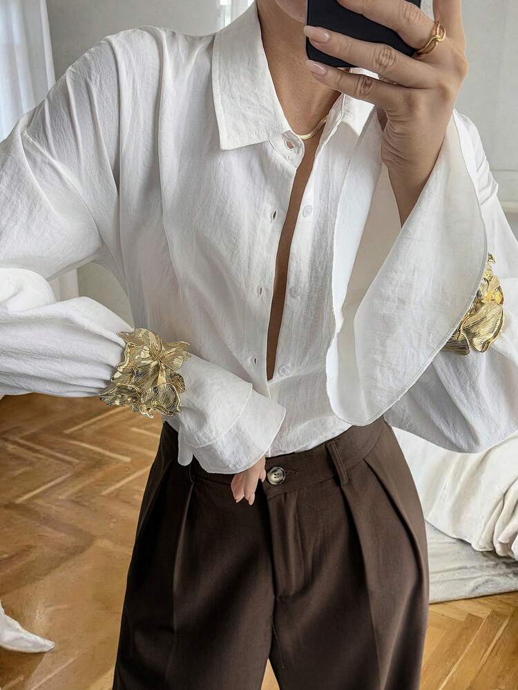 Women's Solid Color Long Sleeve Shirt With Ruffle Sleeve And Collar