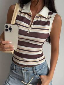 DAZY Women's Casual Striped Collar Zip-Up Top Y2k - Brown - View 8