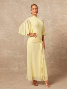 Lumalex 早春飘逸网纱多层喇叭长袖系腰连衣裙，荷叶边下摆，适合女士穿着。早春连衣裙、度假生日装、婚礼、情人节礼物指南、浪漫情人节装扮、宾客婚礼、情人节礼物指南、浪漫情人节装扮、派对、夏季假日海滩装扮、奢华造型、低调奢华、舞会、聚会、宴会、优雅老派、锐舞派对、音乐节、层次丰富的派对夏季连衣裙、春季女装。 - 黃色 - 查看 5