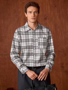 Officeau 男士休闲格子拼接口袋宽松长袖衬衫，适合秋冬季节穿着。 - 彩色 - 查看 6