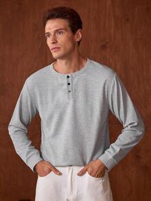 Officeau 男士亨利领华夫格针织上衣，舒适休闲，亨利领设计，易于穿搭，纽扣细节，适合日常外出，复古风格，秋季必备 - 灰色 - 查看 7