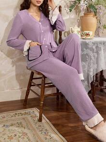 Côtesoire French Minimalist Elegant Contrast Color Pleated Women Pajama Set - Purple - View 4