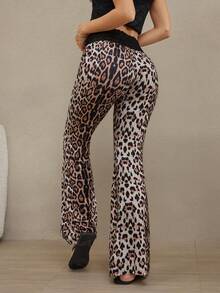 HautHeat Women's Leopard Print Lace Patchwork Slim Fit Flare Pants Loungewear, Fall & Winter - Coffee Brown - View 4