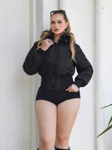 Arliah 女式冬季街头服饰基本款绗缝大衣，配法兰绒帽子 - 黑色 - 查看 1