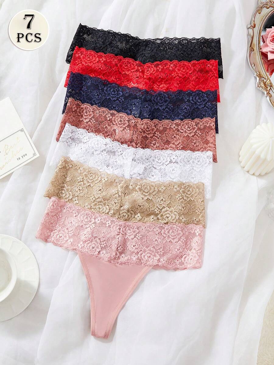 7 件套女士性感撞色蕾丝丁字裤内衣 - 彩色 - 查看 1