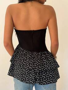 SHEIN Unity Women's Summer Casual Vacation Style Patchwork Heart Print Double Layer Ruffle Asymmetrical Hem Tube Top - Black and White - View 2