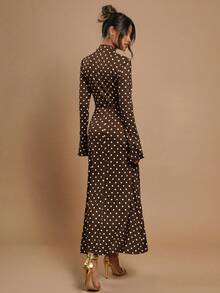 COSMINA 女士波点印花立领修身长袖连衣裙 - 深棕色 - 查看 2