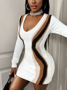 BamGleam Women's Sweater Dress Knitted Long Sleeve Low-Cut Large Round Neck Khaki Black Stripes Ultra-Short Cut Multi-Color White Flesh-Colored Khaki Black Slim Sexy Vacation Travel Casual Party Women's Clothing Spring And Autumn Style Summer Winter Autumn