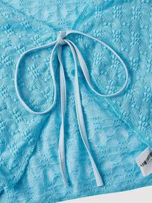 SHEIN MOD 蓝色镂空针织提花复古V领短款喇叭袖系带开衫——适合度假、约会、野餐、派对、舞会、节日和生日穿着；复古浪漫 - 淺藍色 - 查看 3