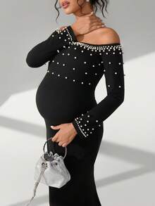 Cheriluna Maternity فستان أنيق للنساء بأكمام طويلة وياقة مكشوفة الكتف مزين باللؤلؤ - الأسود - مشاهدة 6