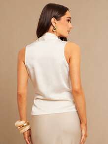 Silquee Ärmellose V-Ausschnitt Bluse, elegantes drapiertes Design, professionelle Damen Top für die Arbeit, geeignet für formelle Anlässe, Valentinstag-Dates, lässige Unternehmungen, Frühling/Sommer - Champagnerfarben - Übersicht 2