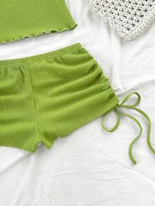 Soleia 女士复古度假风V领露背系带修身撞色上衣搭配低腰褶皱抽绳短裤两件套，适合派对、圣诞节、约会、夜店、海滩、邮轮、下午茶、波西米亚风、度假、秋季等场合。 - 綠色 - 查看 3