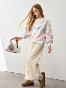 Tween Girls Sweaters, Round Neck Pullover Sweater, And Stylish, Suitable For Daily Wear, Traveling, Macaron Ombre Color, Autumn And Winter, Warm - Multicolor - View 4