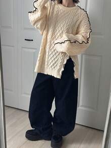 FRIFUL 女士圆领宽松绞花针织套头毛衣，饰有撞色波浪形滚边 - 米色 - 查看 3