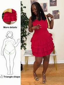Truni Theloveshegives Plus Size Cute Cake Ruffled Trim Sleeveless Short Dress,Birthday Dresses For Women, For Pear Triangle Body Shape, For Body Shape, For Summer - Red - View 1