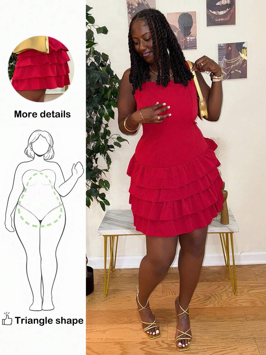 Truni Theloveshegives Plus Size Cute Cake Ruffled Trim Sleeveless Short Dress,Birthday Dresses For Women, For Pear Triangle Body Shape, For Body Shape, For Summer - Red - View 1