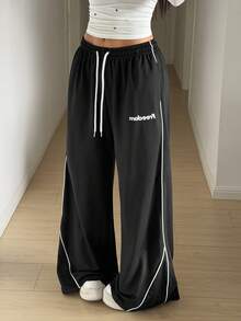 StreetHx 街头风女款黑色宽松侧条纹白色印花裤 - 黑色 - 查看 1