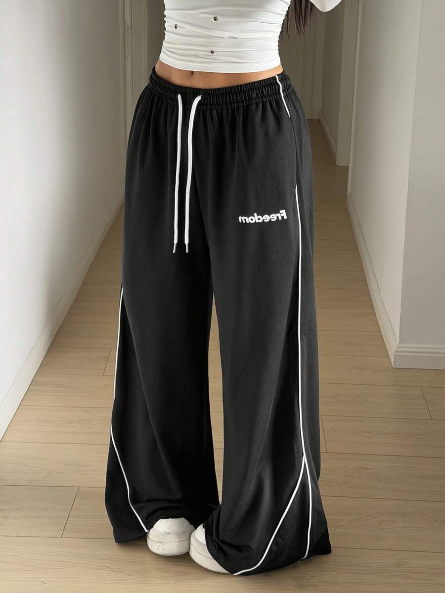 StreetHx 街头风女款黑色宽松侧条纹白色印花裤 - 黑色 - 查看 1