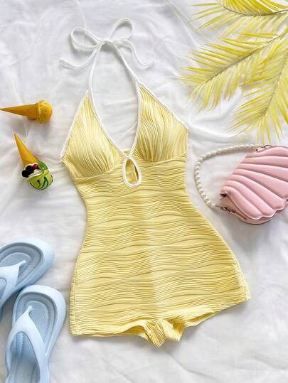 Soleia Women's Casual Vacation New V-Neck Halter Tie Bow Front Hollow Out Contrast Trim Bodycon Ribbed Jumpsuit, Versatile For Party, Date, Afternoon Tea, Beach Yellow Yellow Romper Yellow Bodysuit