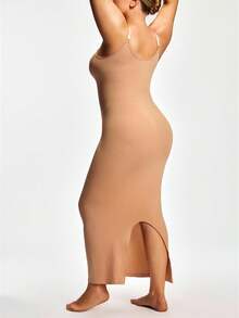 SHAPORA Plus Size Women Simple Solid Color Slit Hem Bodycon Cami Dress - Apricot - View 2