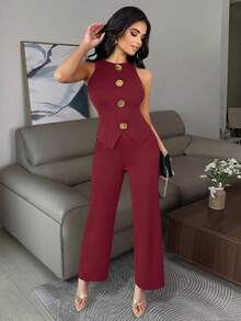 SHEIN PETITE Ensemble décontracté chic pour femme, avec un Top de style veste en tweed à col décoratif, coupe slim et boutons métalliques sexy, et un pantalon long décontracté à taille élastique texturée, 1 set 2 pièces