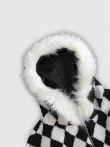 ROMWE MEN 男士棋盘格纹羊羔绒夹克，宽松版型 - 黑與白 - 查看 3