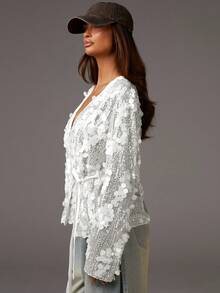 Athîral Blouse à manches longues pour femmes, col en V, croisée, avec nœud devant, couleur unie - Blanc - Voir 5