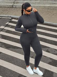 SHEIN EZwear 3pcs Plus Size Dark Grey Vest, Jacket And Elastic Lightweight Yoga Pants Set - Dark Grey - View 7