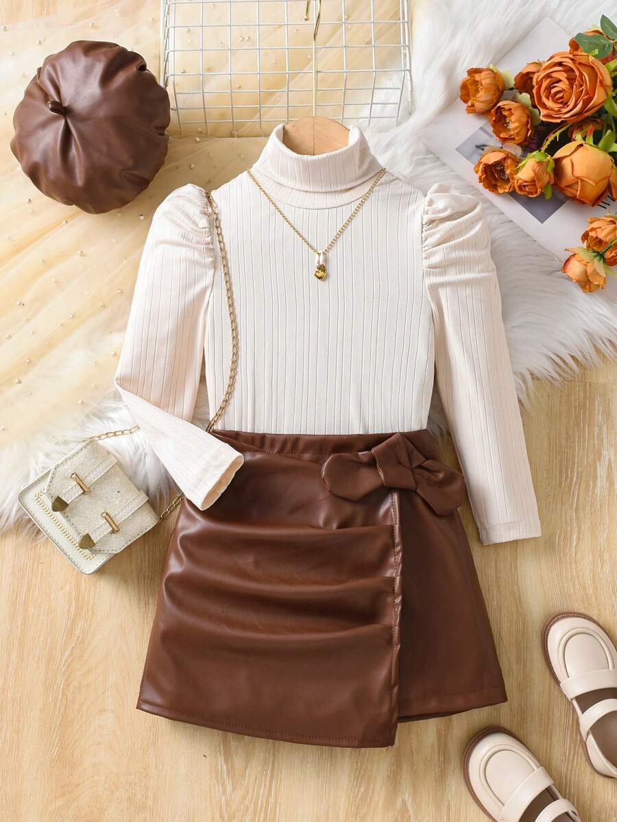 Elladie kids 2pcs Young Girl Minimalist Graceful Puff Sleeve Top & High Waist A-Line Leather Skirt With Beret Hat Set - Brown - View 1