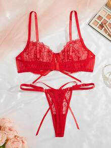 2pcs/Set Front Hollow Ribbon Embroidered Underwire Bra Set - Red - View 2