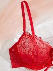 2pcs/Set Front Hollow Ribbon Embroidered Underwire Bra Set - Red - View 4
