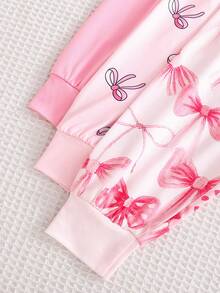 Conjunto de 6 piezas de pijama para niñas, top de manga larga con estampado de moño minimalista y moño 3D, y pantalones, conjunto de ropa de dormir - Multicolor - Ver 7