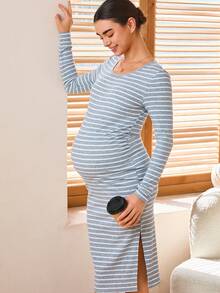 SHEIN 孕妇圆领条纹开衩设计舒适休闲长袖连衣裙 - 灰色 - 查看 6
