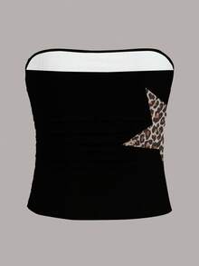 Glimmora Women's Fashionable Leopard Print & Star Pattern Fitted Tube Top, Summer - Black - View 2