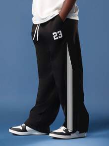 SUMWON Tween Boys Varsity Number 23 Streetwear Matching Set Loose Wide Leg Track Pants Oversized T-Shirt Two Piece Casual Urban Fashion Vacation - Black and White - View 4
