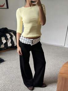 Flirla Damen Retro Sexy Chic Hoch Taillierte Weite Gerade Bein Polka Punkt Patchwork Braun Hose - Schwarz - Übersicht 1