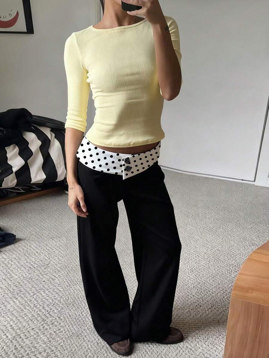 Flirla Damen Retro Sexy Chic Hoch Taillierte Weite Gerade Bein Polka Punkt Patchwork Braun Hose - Schwarz - Übersicht 1