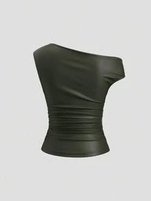 Sweetra 女士皮革金属装饰休闲时尚上衣 - 軍綠色 - 查看 2