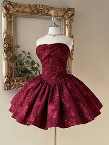 Lovelzi Elegante, romantico e alla moda abito formale con decorazione plissettata sul busto in tessuto jacquard rosso vino, adatto per feste, matrimoni, cocktail, balli - Bordò - Visualizzare 6
