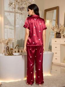 LuxeNights 女士缎面条纹心形印花翻领短袖睡衣套装 - 彩色 - 查看 2