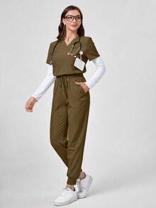 TaskEZ 1 Set V-Neck Short Sleeve Top And Pocketed Pants Scrub Uniform Casual - Green - View 1