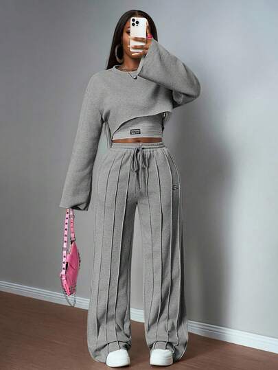 Slaydiva 2025 Automne/Hiver Ensemble 3 pièces polyvalent et décontracté pour femmes : Sweatshirt à manches longues et pantalon dans des couleurs unies blanc et gris, idéal pour le streetwear et les déplacements