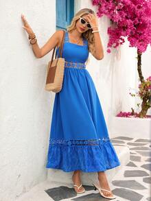 Vivid Eden Váy suông chữ A họa tiết hoa ren hoa trơn màu đơn giản cho nữ - Màu xanh lam - Xem 4