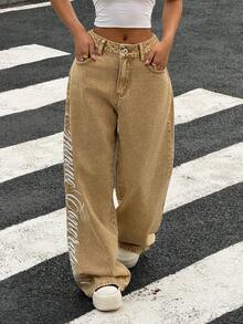 Muchica Women's Casual Printed Pocket Loose Fit Jeans - Khaki - View 1