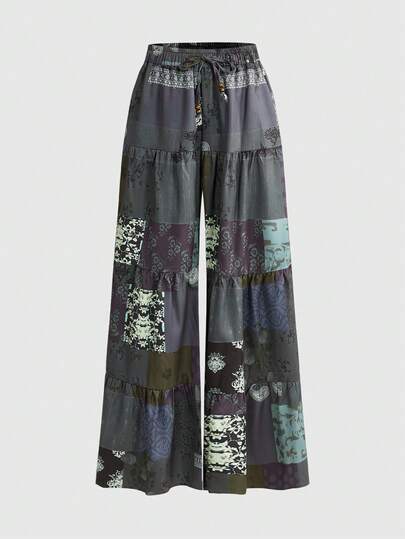 Hippie Women's Patchwork Pattern Tie Waist Loose Wide Leg Casual Pants